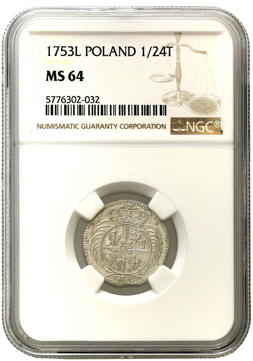 August III Sas. 1/24 talara 1753 L / EDC, Lipsk NGC MS64 (MAX) PIĘKNY